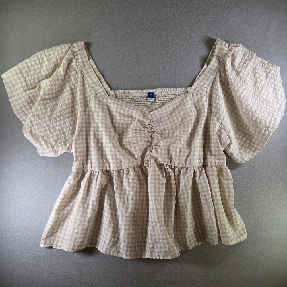 Old Navy Plus Size 4X Tan Gingham Puff Sleeve Babydoll Peplum Top Cottagecore